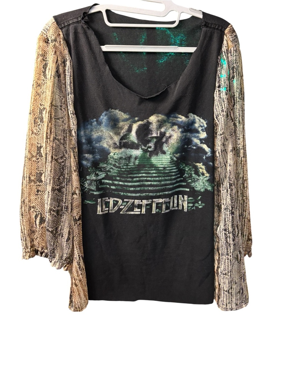 Upcycled Led Zeppelin Graphic Tee with Snake-Print Balloon Sleeves
